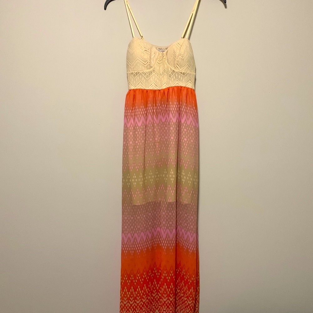 Maxi Dress Color: Orange/Pink/Tan with cream lace,Size: Small, Brand:Trixxi